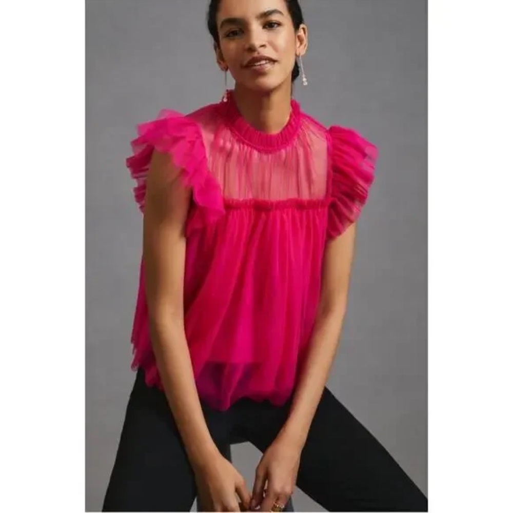 Anthropologie Sunday in Brooklyn Ruffled Mesh Top Pink Size Small NWT